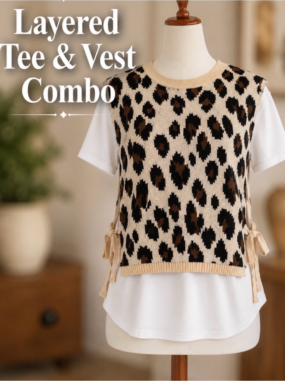 Zara Leopard Print Sweater Vest Layered Tee | Animal Print Side Tie Knit Top |